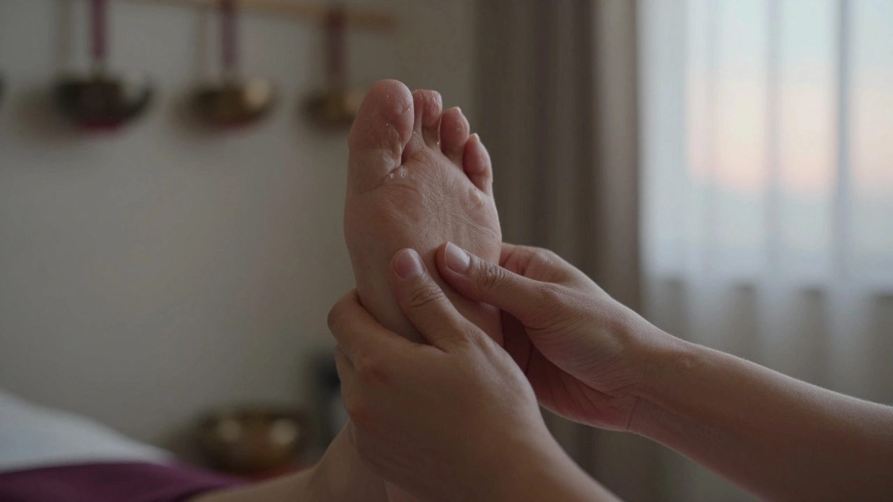 Close-up of hands touching a foot, with tear glistening on closed eye, soft dawn light in background.