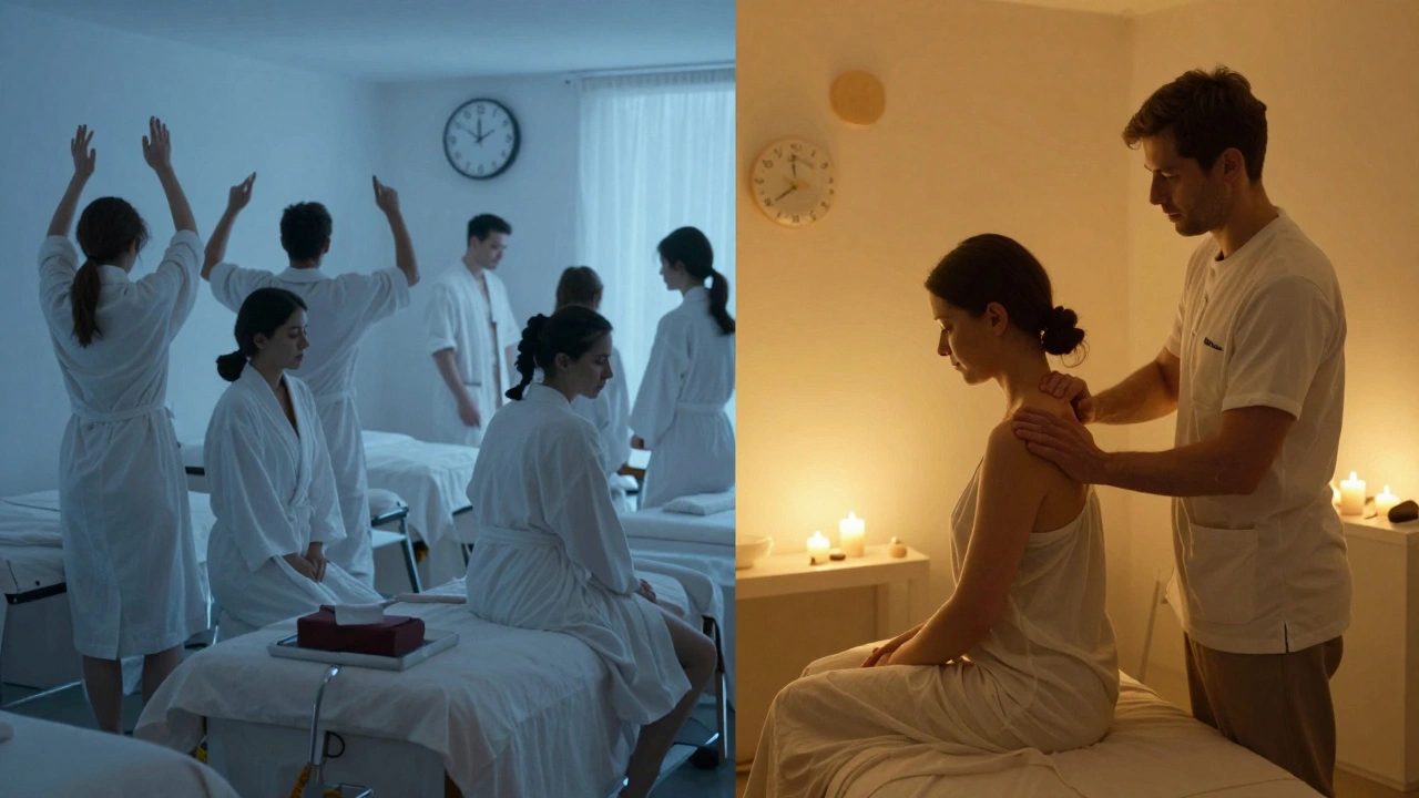 Contrast between a crowded, noisy spa and a quiet, therapeutic massage studio in Primrose Hill.