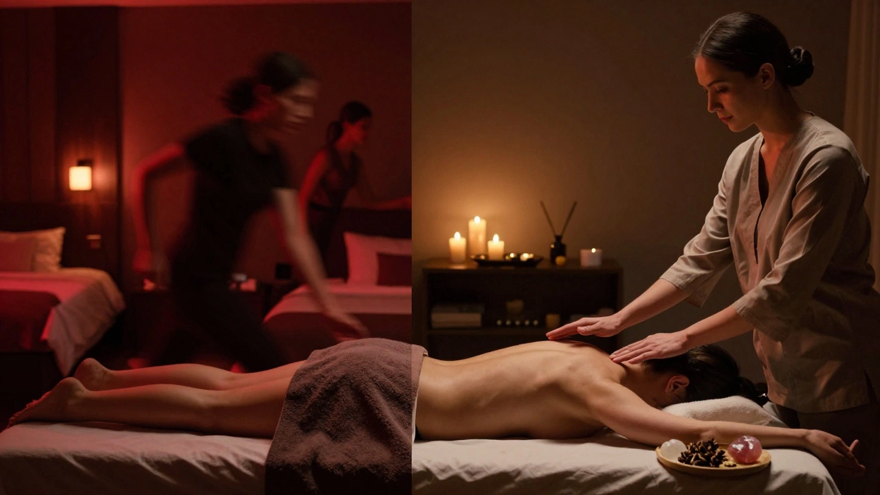 Contrasting scenes: chaotic erotic massage on one side, serene healing touch on the other, symbolizing difference in intent and environment.