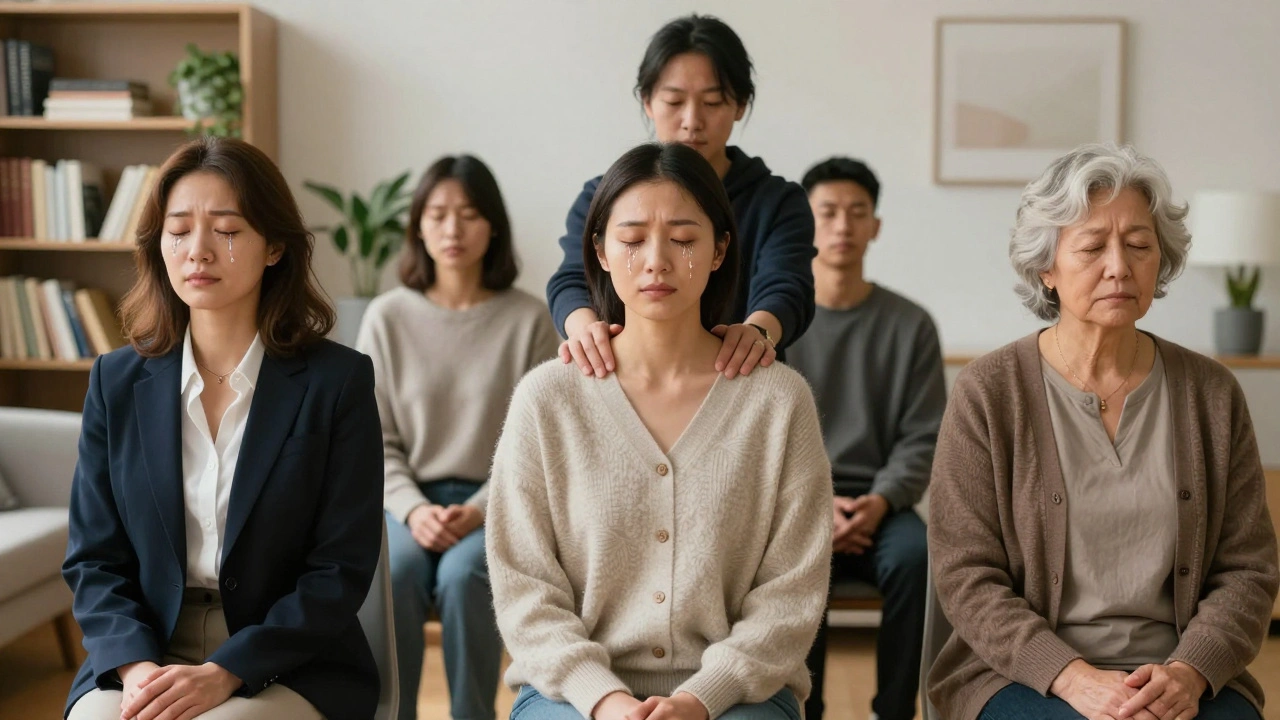 Diverse individuals peacefully receiving therapeutic touch in private, upscale London rooms, showing emotional relief.