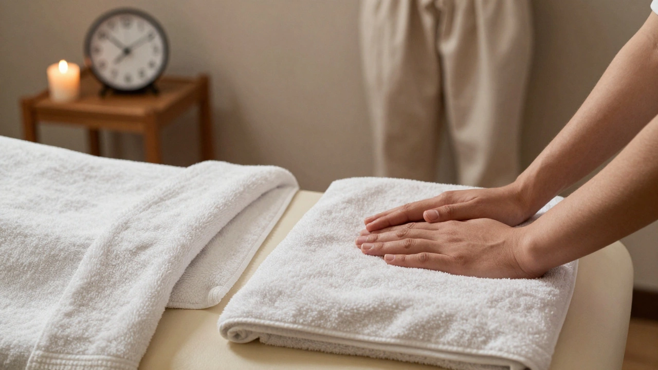 Empty massage table with towel and candle, suggesting the quiet preparation for a transformative therapeutic session.