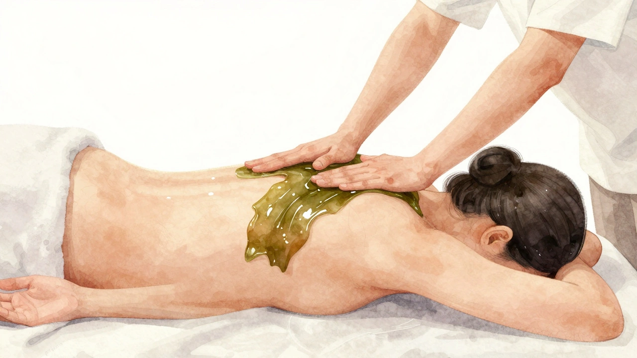 Full-body massage motion with flowing strokes from head to toe, emphasizing skin-to-skin connection.