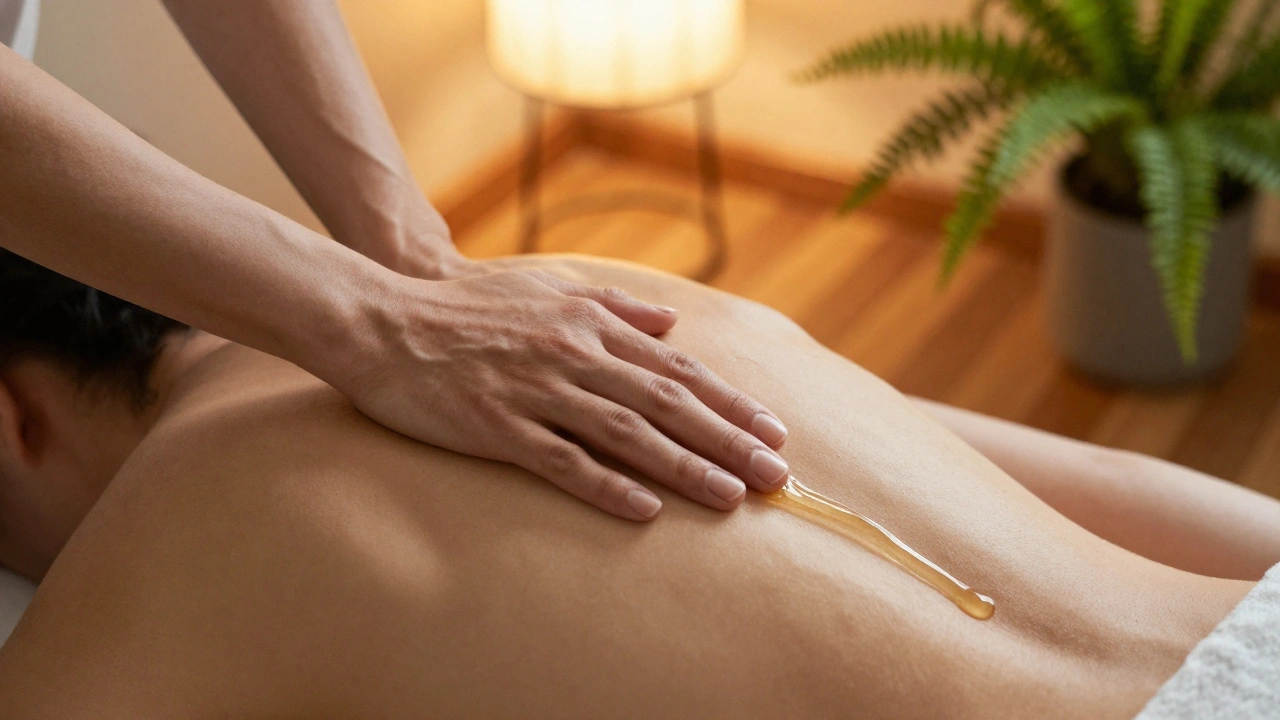 Hands gliding gently over a spine in warm, amber-lit room, evoking trust and calm during an erotic massage.