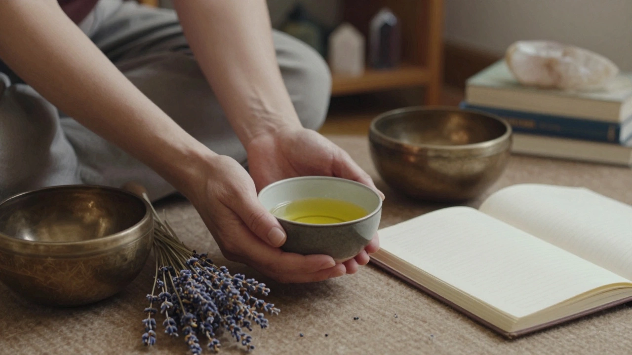 Hands holding warm oil beside lavender, a singing bowl, and an open journal—symbols of mindful preparation for pelvic healing.