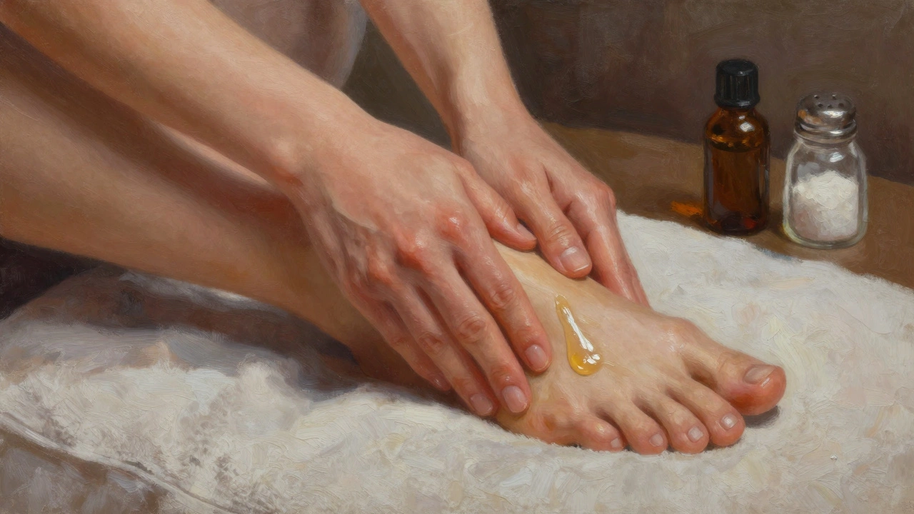 Hands massaging foot with oil, applying pressure to the arch in a calm, intimate moment.
