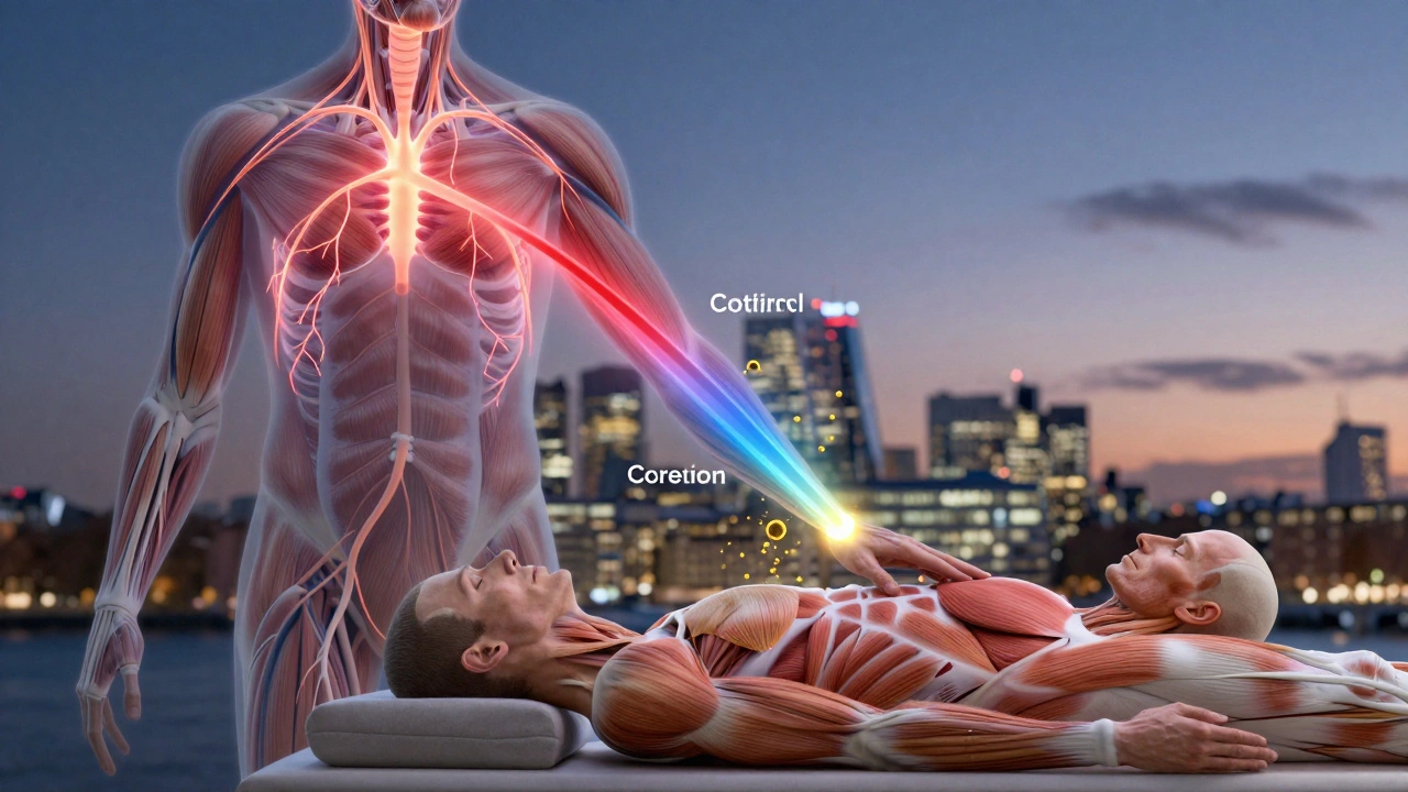 Human body with scientific visuals showing stress reduction and neurotransmitter changes from massage.