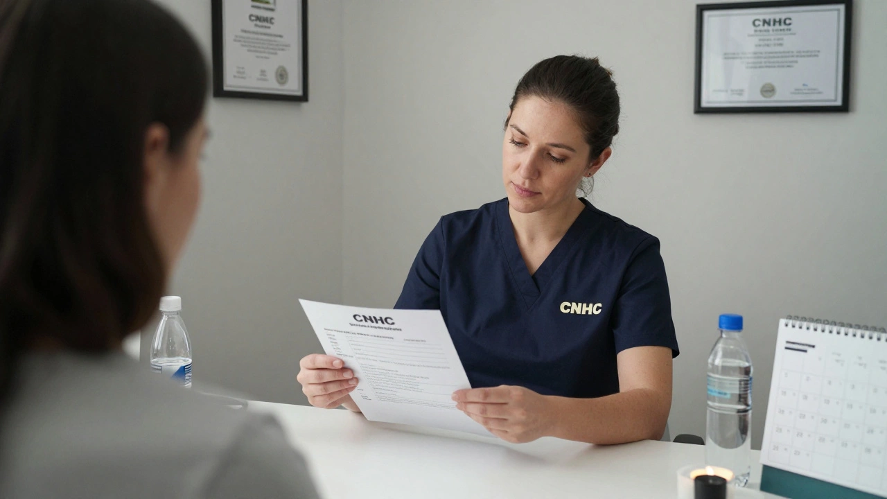 Licensed massage therapist reviewing client health form at a clean clinic desk in London.
