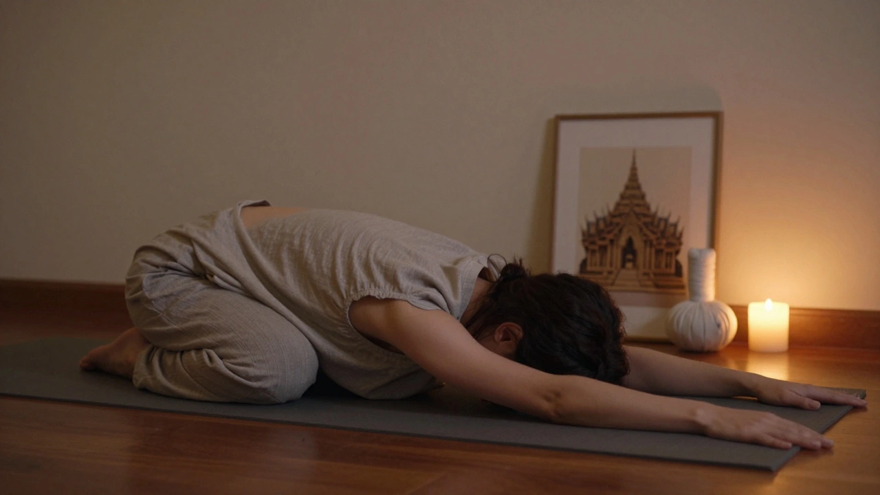 Person in child’s pose resting peacefully on a yoga mat, arms stretched forward in quiet restoration.