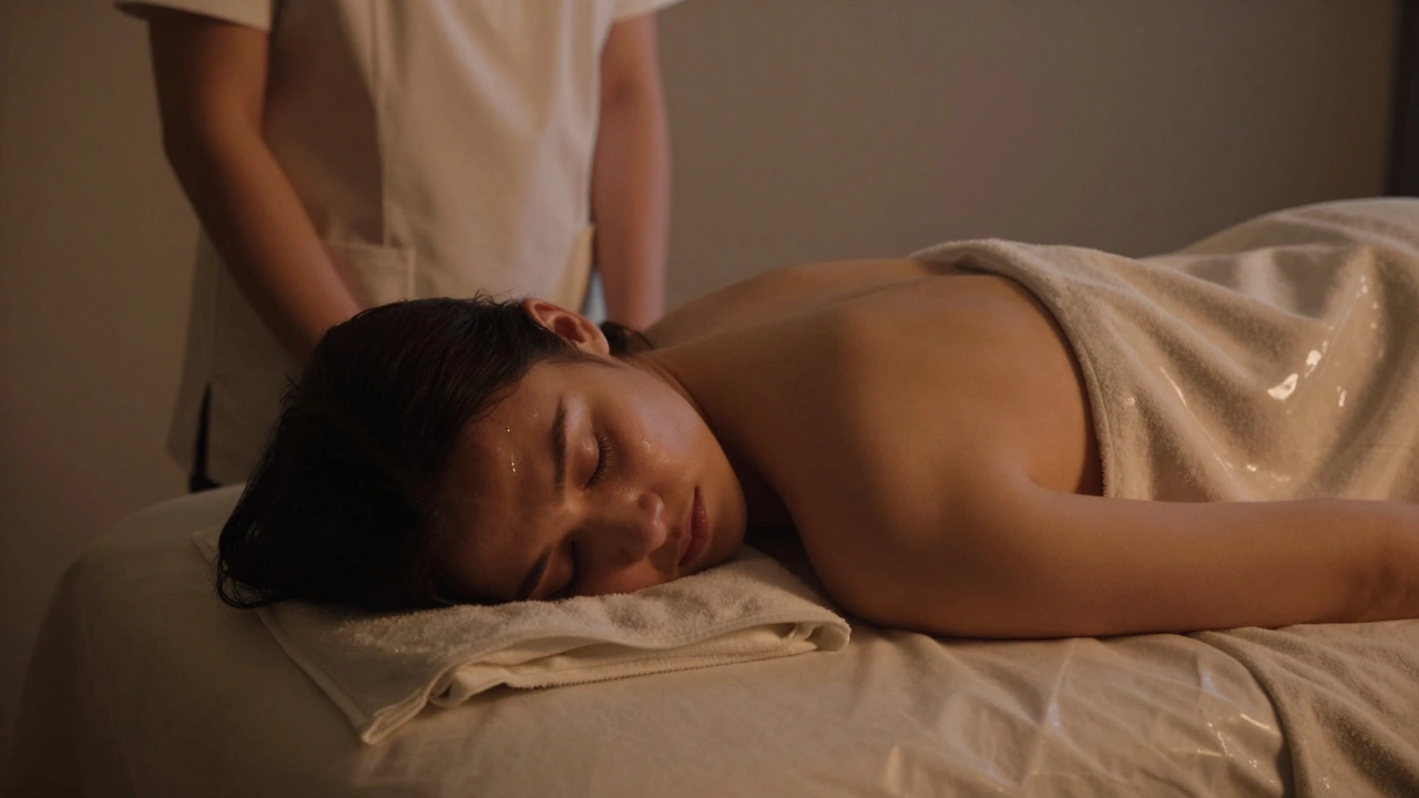 Person lying peacefully after a massage, a single tear on their temple, conveying deep emotional release and calm.