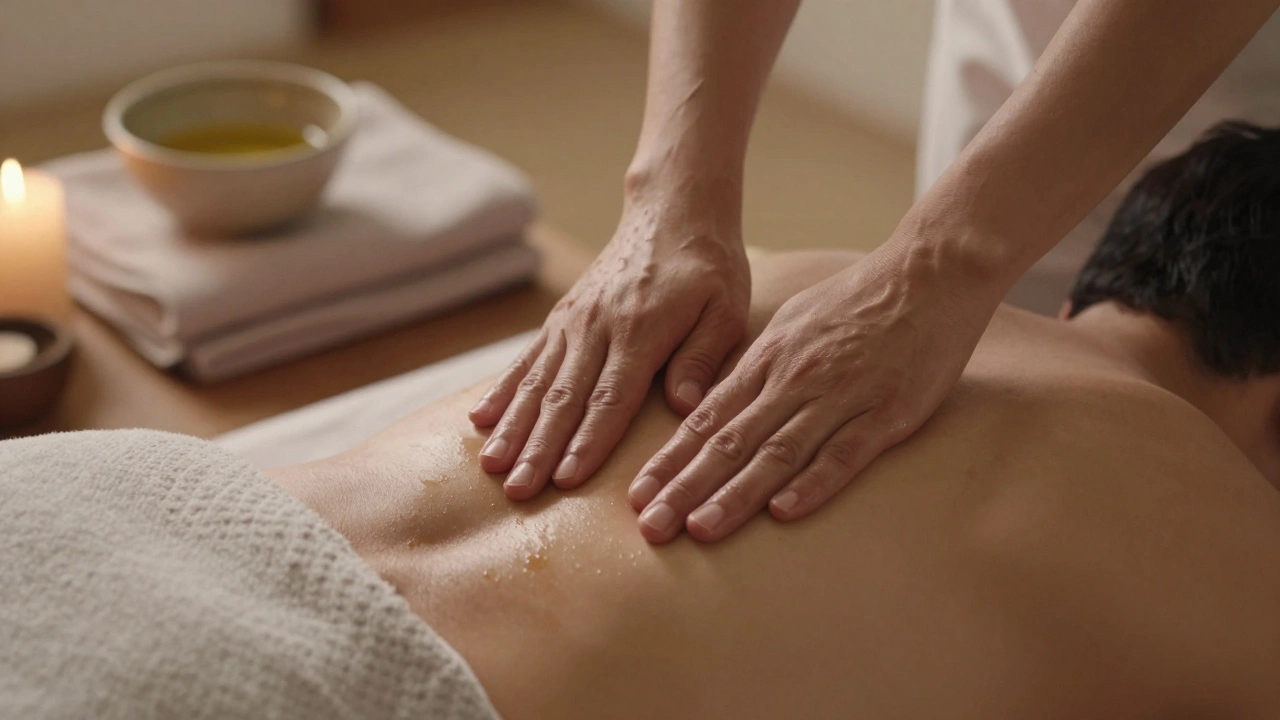Practitioner's hands applying slow, mindful oil strokes to a man's lower abdomen during a tantric massage session.