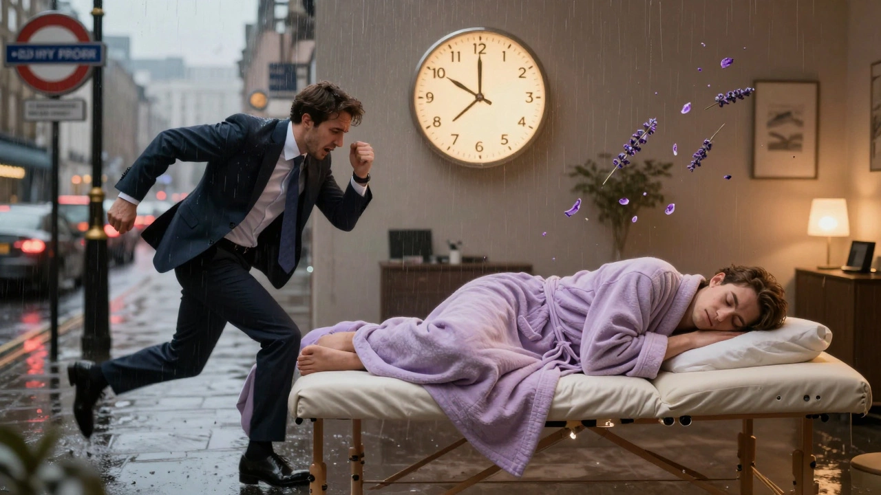 Split image: a stressed commuter in rain contrasts with a relaxed person peacefully massaged at home, symbolizing time reclaimed.