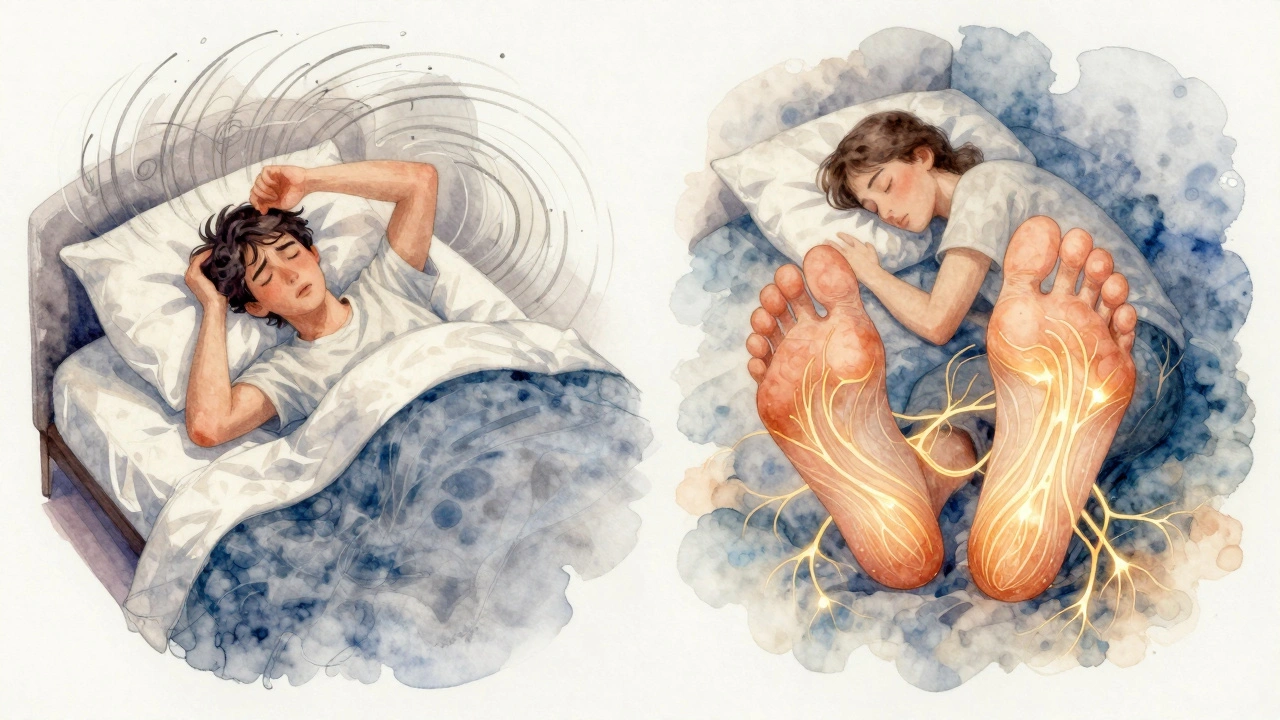 Split image: stressed sleeper vs. peaceful sleeper with glowing nerve pathways from feet to brain.
