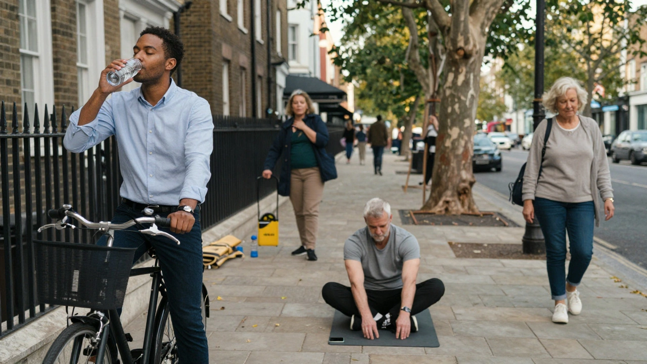 Three Londoners experiencing quiet calm after a massage—sipping water, stretching, and walking peacefully through a neighborhood street.