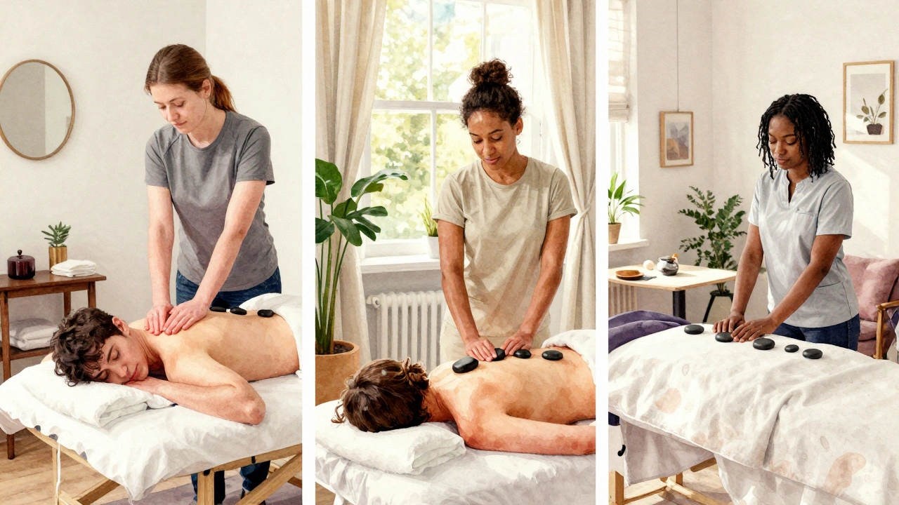 Three Londoners receiving different types of massage in cozy local studios and homes.