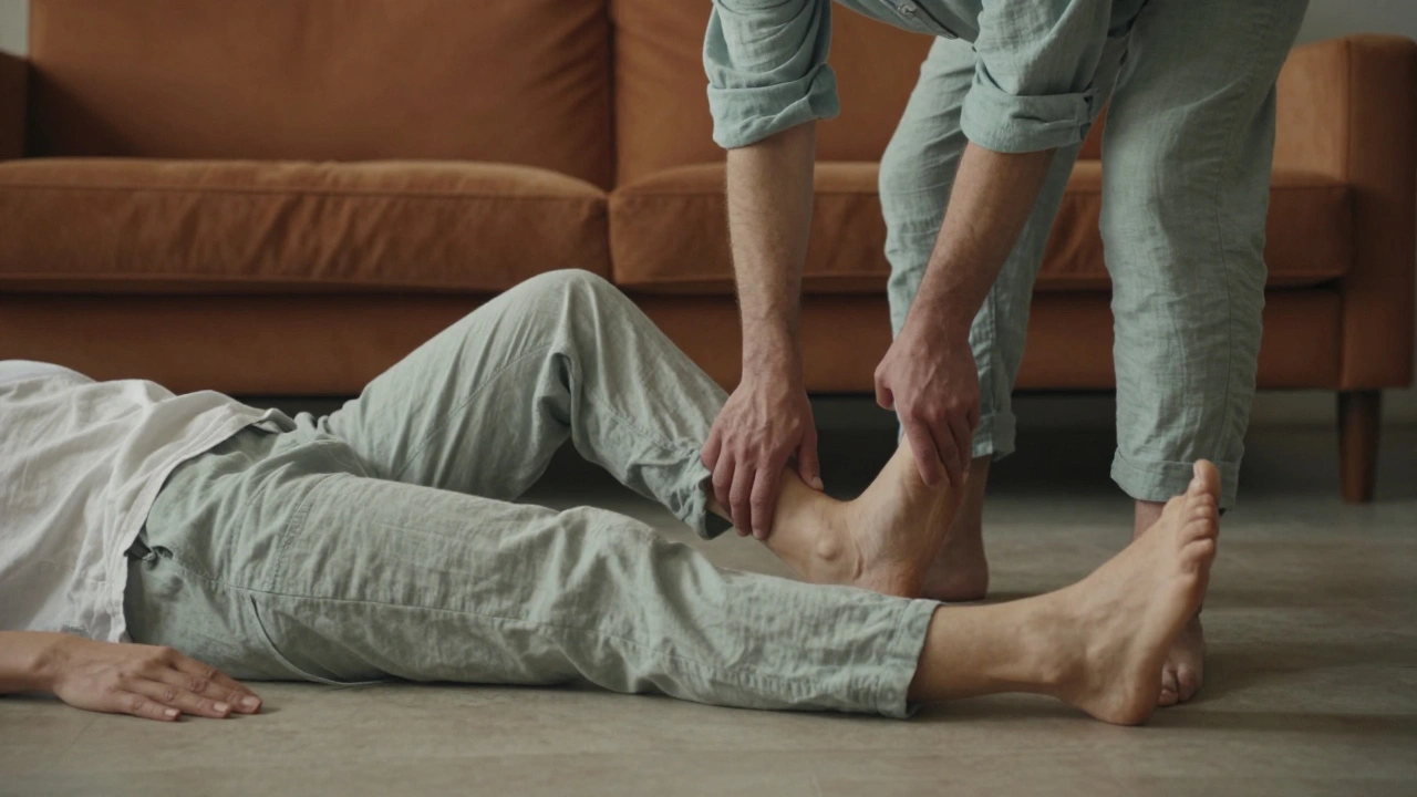 Two people practicing partner-assisted leg stretch in a cozy living room, one relaxed, one guiding.