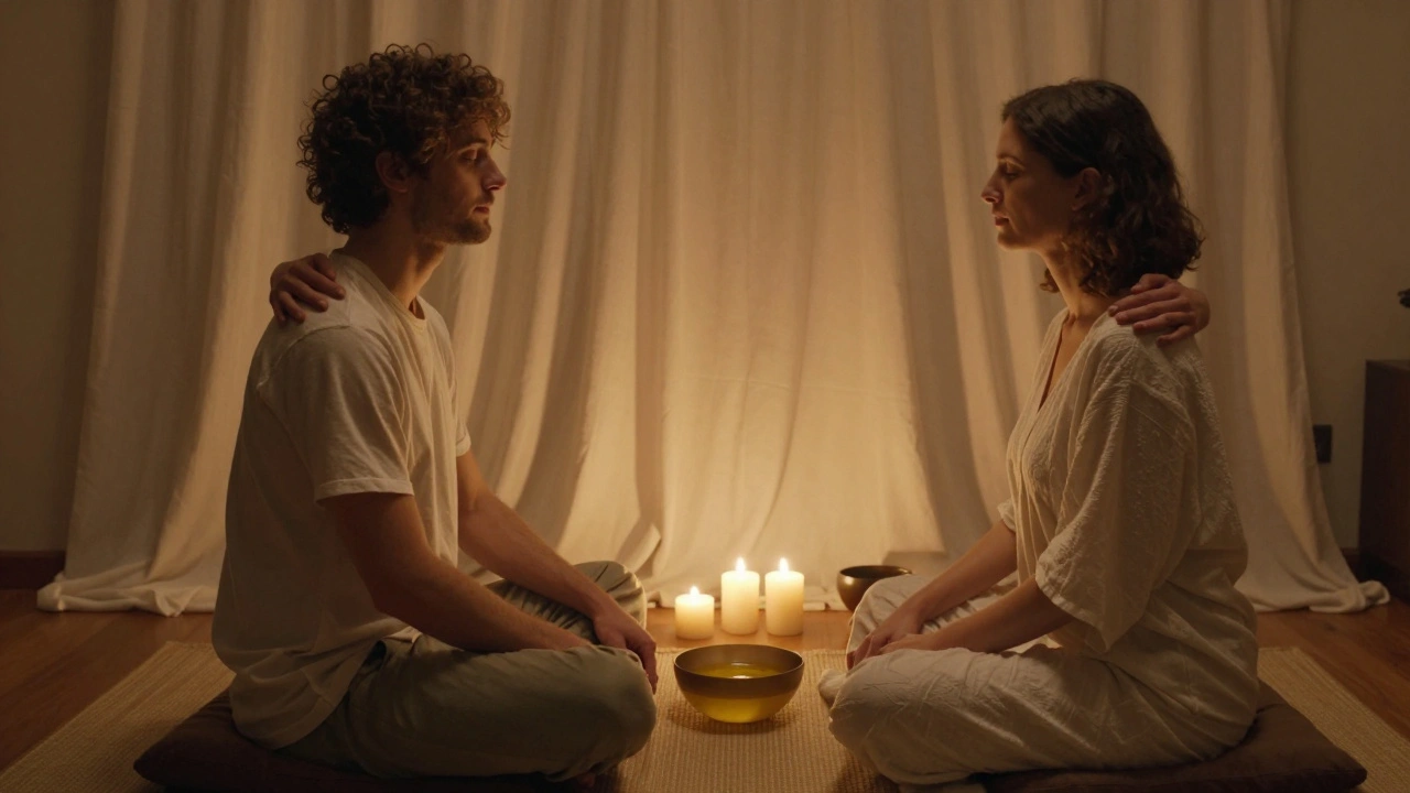 Two people sitting face to face, eyes closed, breathing together with hands resting on shoulders in a warm, intimate space.