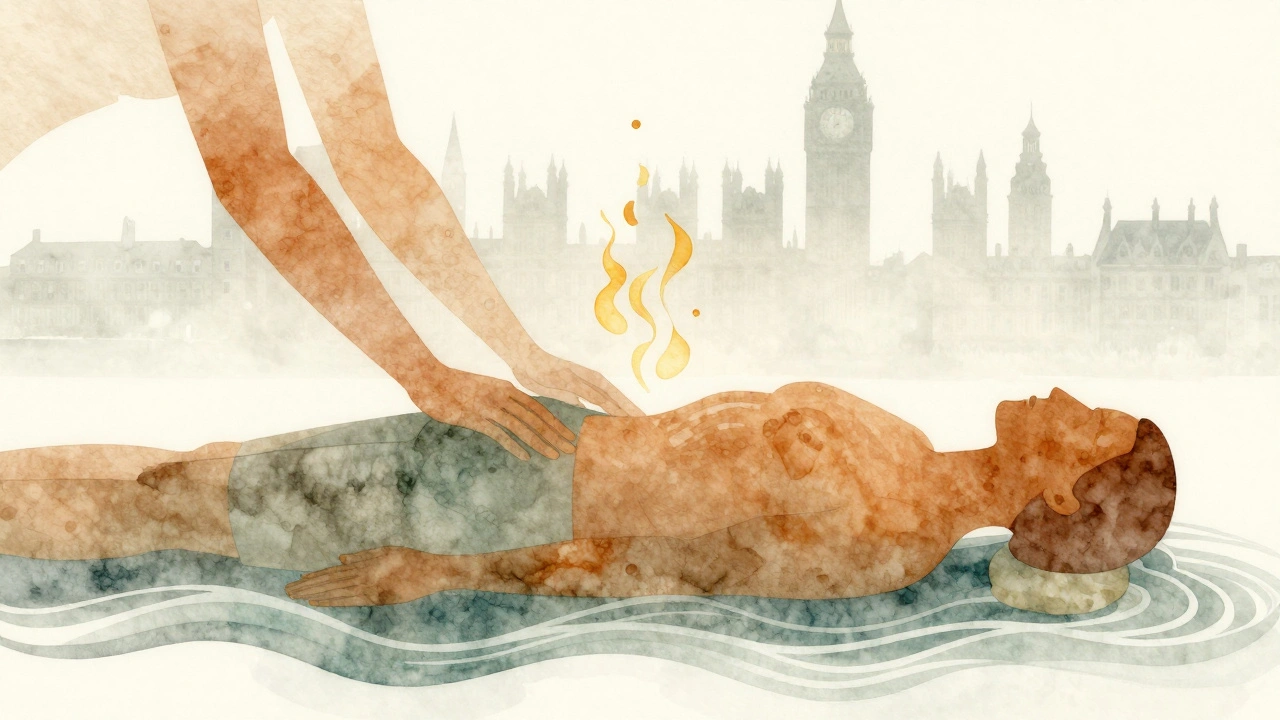 Watercolor illustration of flowing therapeutic energy moving over a human form, symbolizing deep relaxation and release.