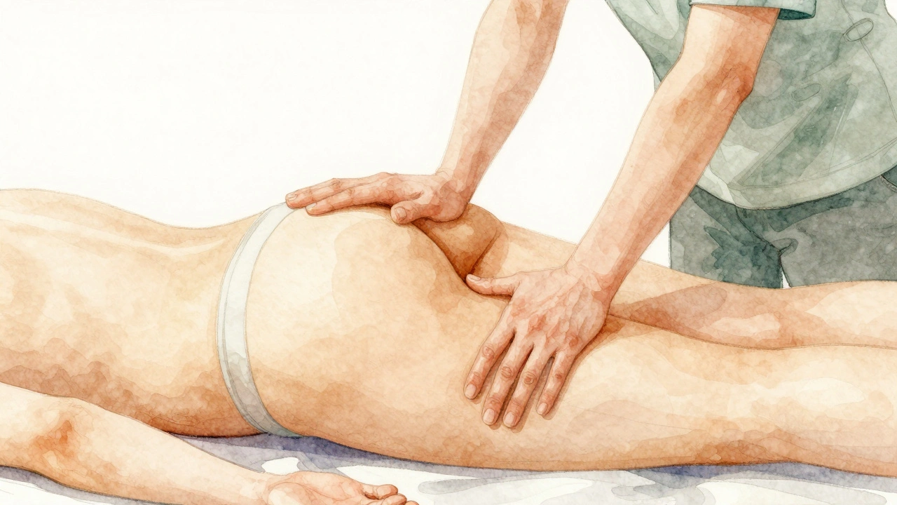 Watercolor-style depiction of therapeutic touch with therapist's hip and foot in gentle contact with client's body.