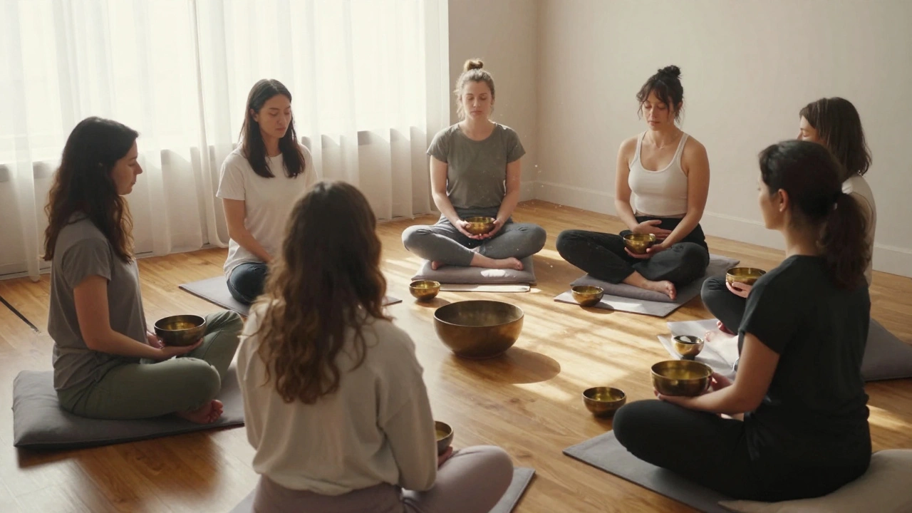 Women in a circle practicing self-massage with warm oil in a quiet East London studio, bathed in morning light.