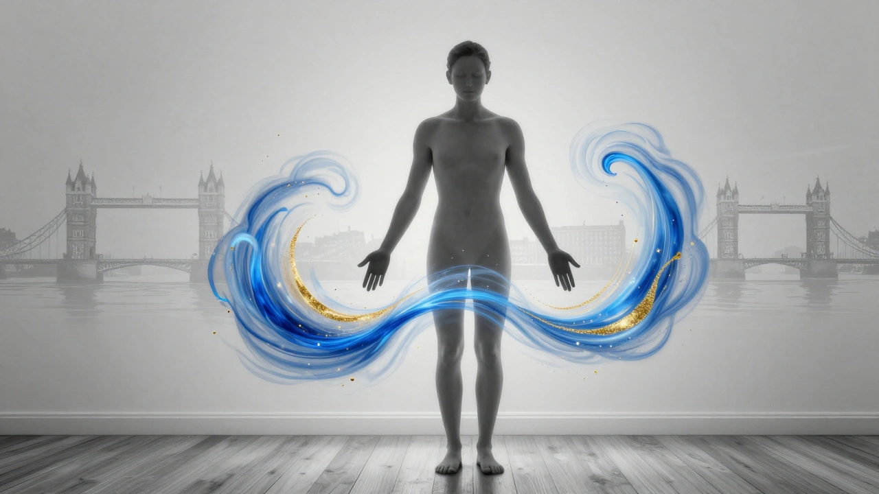 A grayscale human silhouette is enveloped by calming blue and gold energy waves, symbolizing stress relief and bodily reconnection in an urban setting.