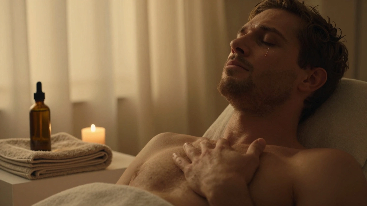 A man crying quietly during a tantric massage, hands on chest, eyes closed, bathed in soft golden light as emotional release unfolds.