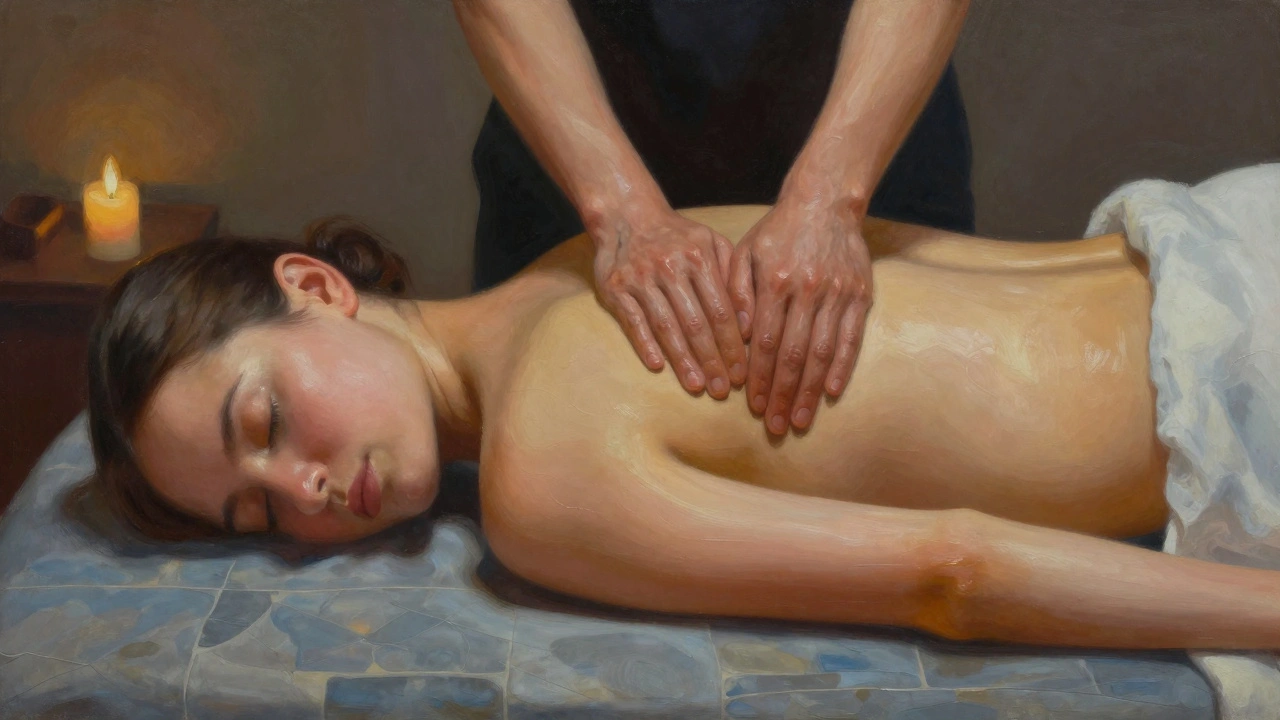 A person in deep relaxation as a therapist uses fluid body movements during a therapeutic massage, surrounded by soft ambient light.