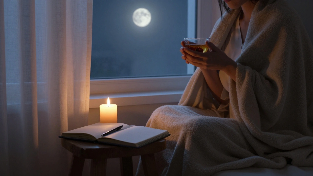 A person wrapped in a blanket, sipping tea by a moonlit window after a quiet tantric massage session.