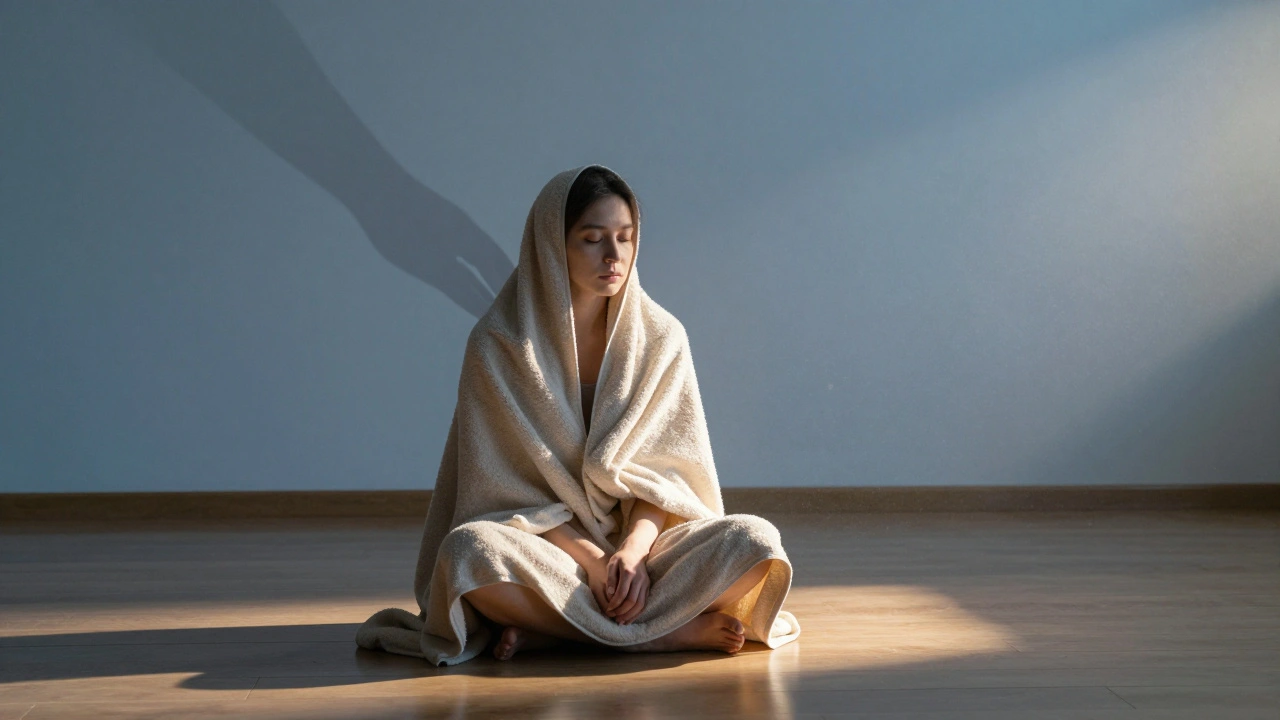 A person wrapped in a towel, sitting peacefully in a minimalist studio, bathed in dawn light, symbolizing deep relaxation.