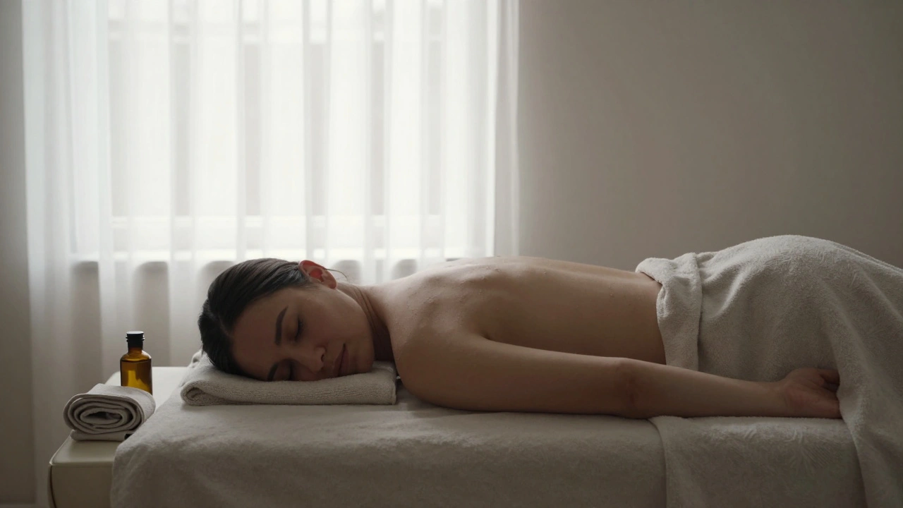 A relaxed client curled under a blanket after a body-to-body massage, morning light streaming through curtains.