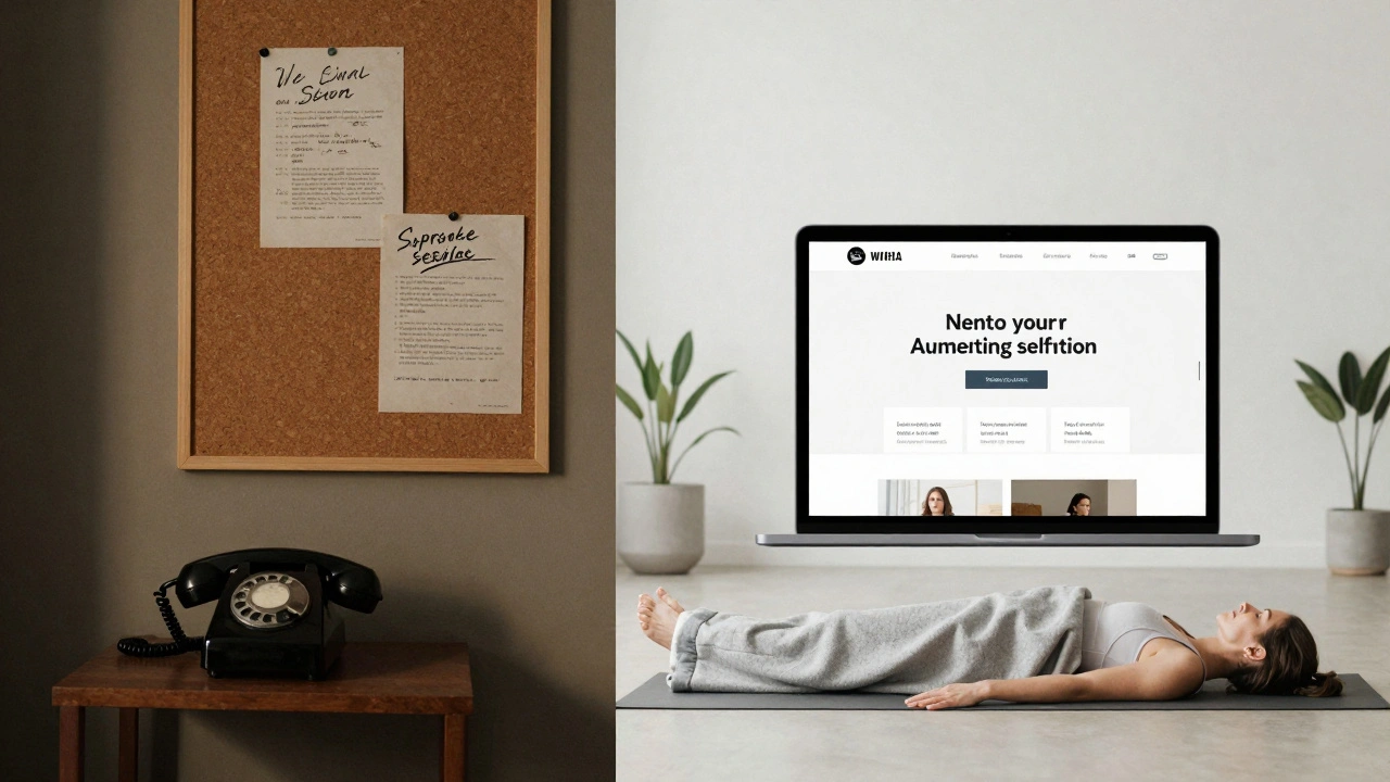 A split image contrasting 1990s underground escort ads with a modern, certified wellness studio in London.