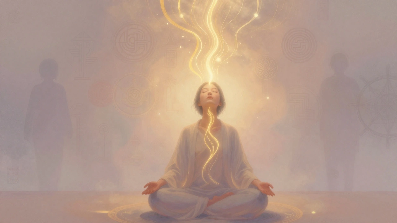Abstract golden energy rising from a person's body in a misty room, symbolizing emotional release and healing.