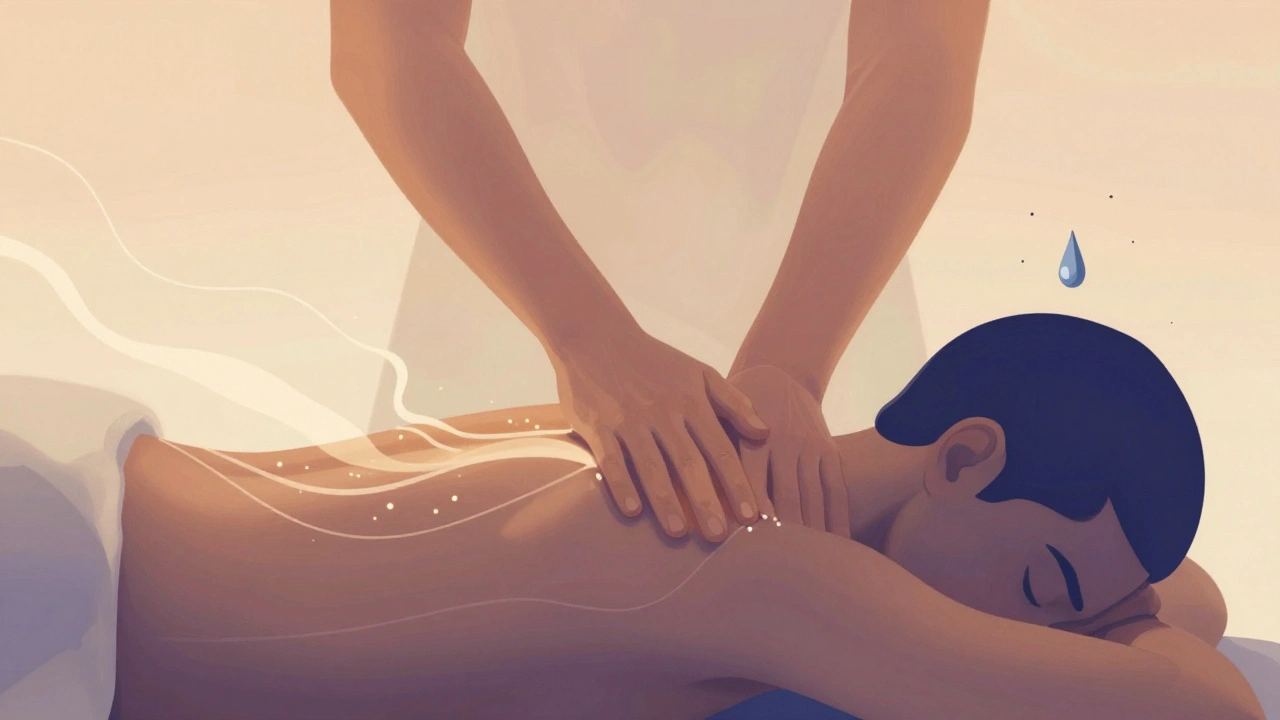 Abstract representation of tension dissolving into calm during a therapeutic massage.