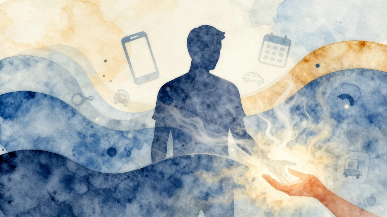 Abstract watercolor depiction of stress melting away as calm energy flows through a human form.