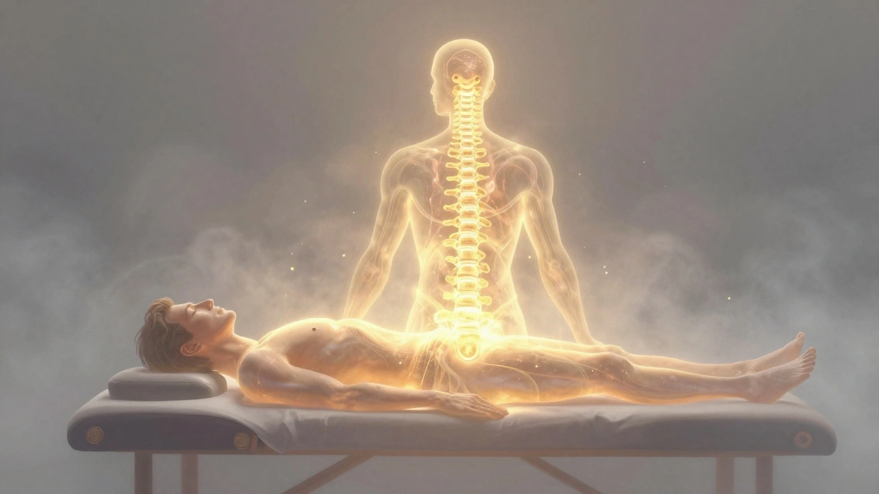 An abstract golden energy pathway flowing from spine to head above a reclining man, symbolizing tantric relaxation and inner release.