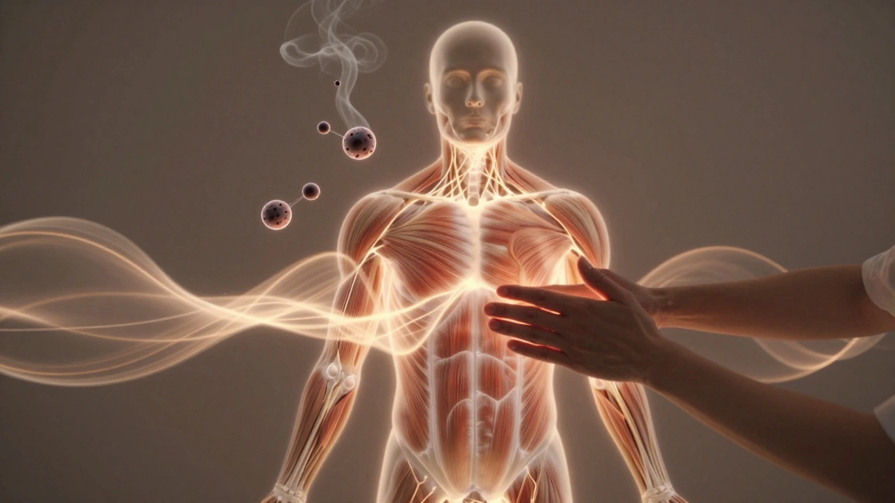 An abstract representation of healing energy flowing from therapist to client, with stress molecules dissolving and muscles releasing tension.