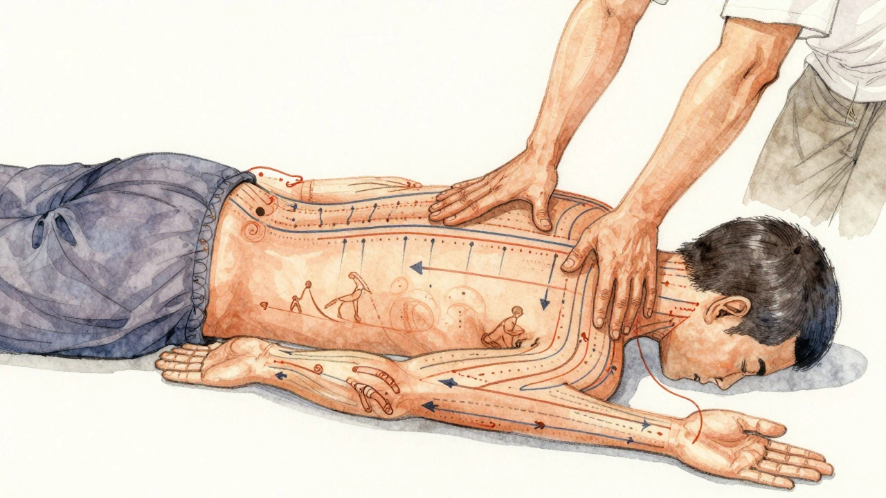 Anatomical illustration of Sen energy lines with therapist applying pressure, showing fascia release and blood flow.