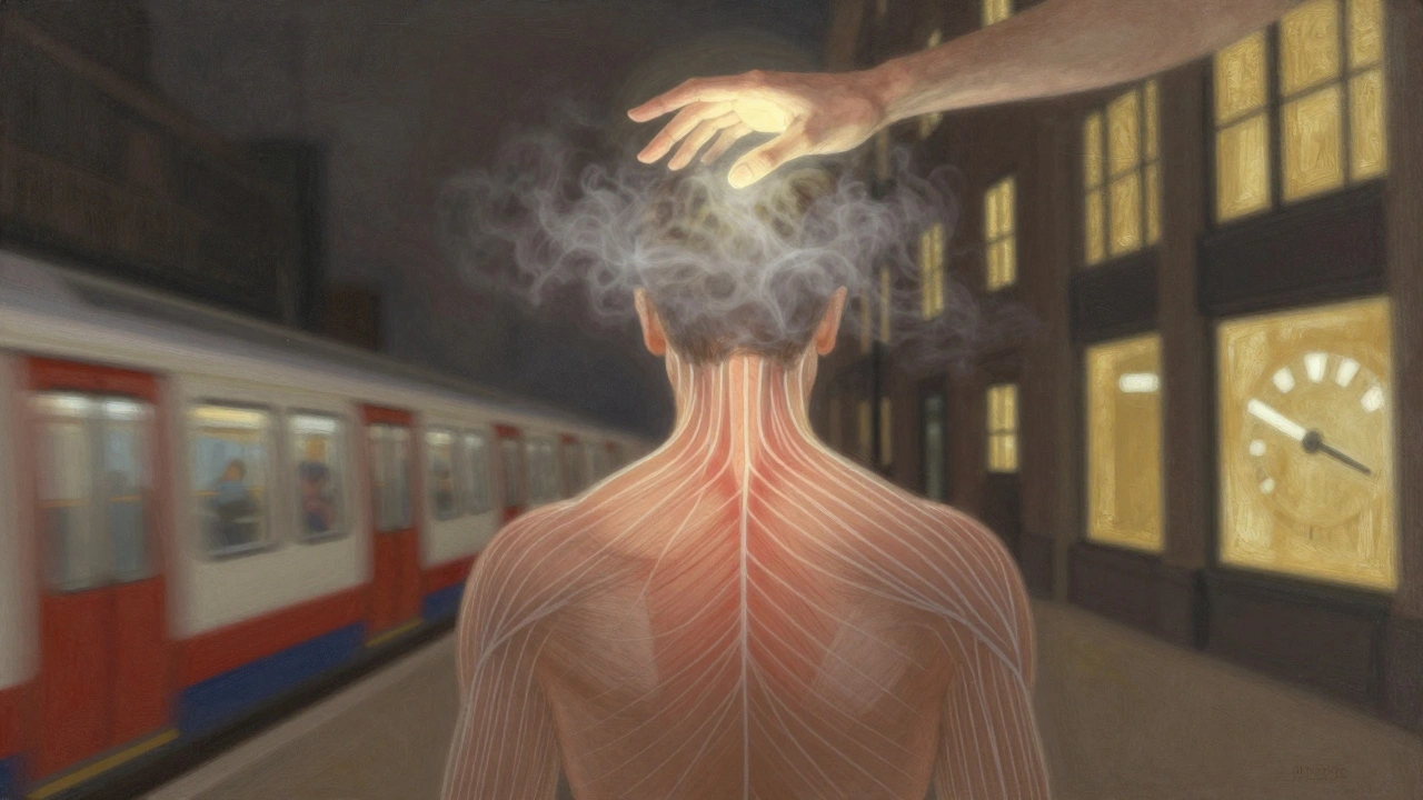 Anatomical illustration showing stress tension in the body with abstract London urban elements fading into calming light.