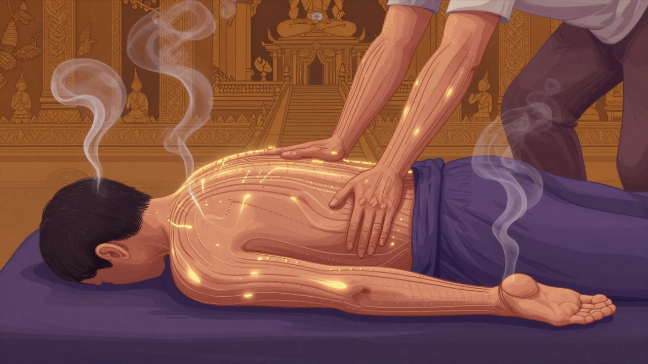 Artistic depiction of energy lines glowing along the body during Thai massage with rhythmic pressure points.