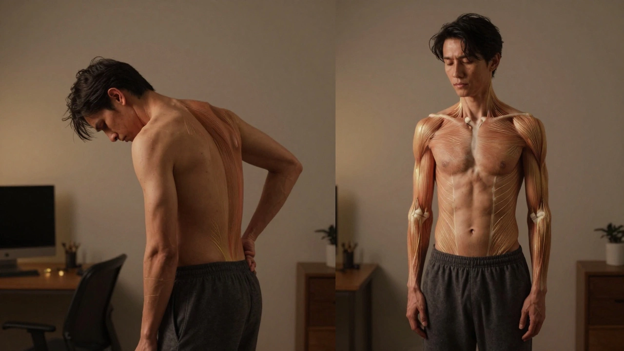 Before-and-after visual showing posture transformation from hunched to aligned after Thai massage.