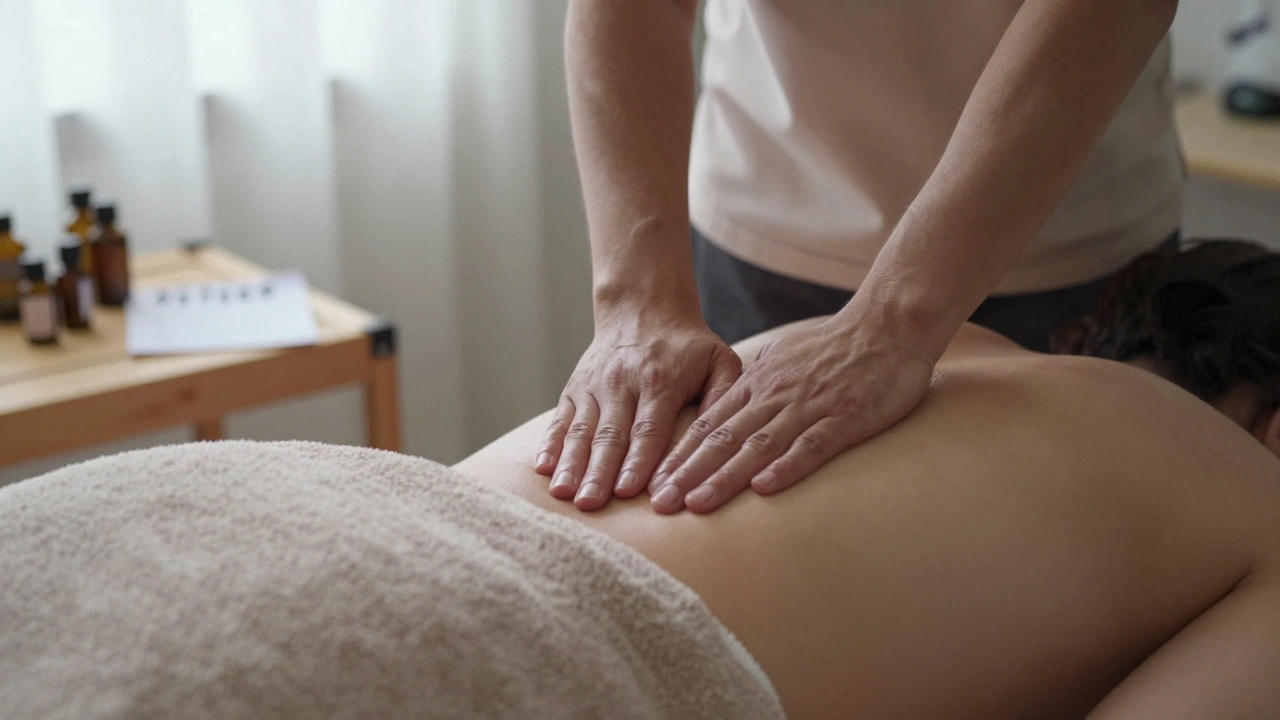 Close-up of hands performing deep tissue massage on a back through a warm towel.