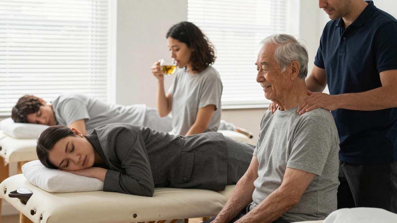 Diverse clients experiencing peace after a massage session, shown in natural light with quiet emotional resonance.