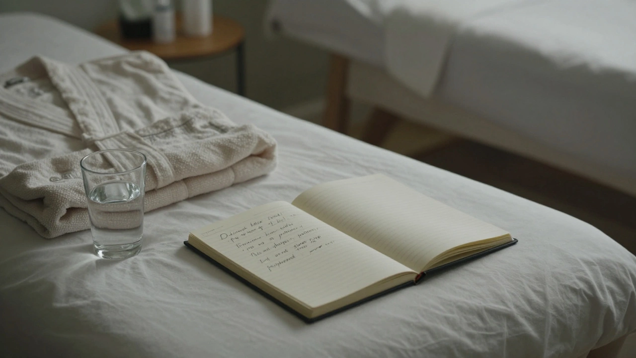Empty private massage room with water glass and notebook, conveying personal care.