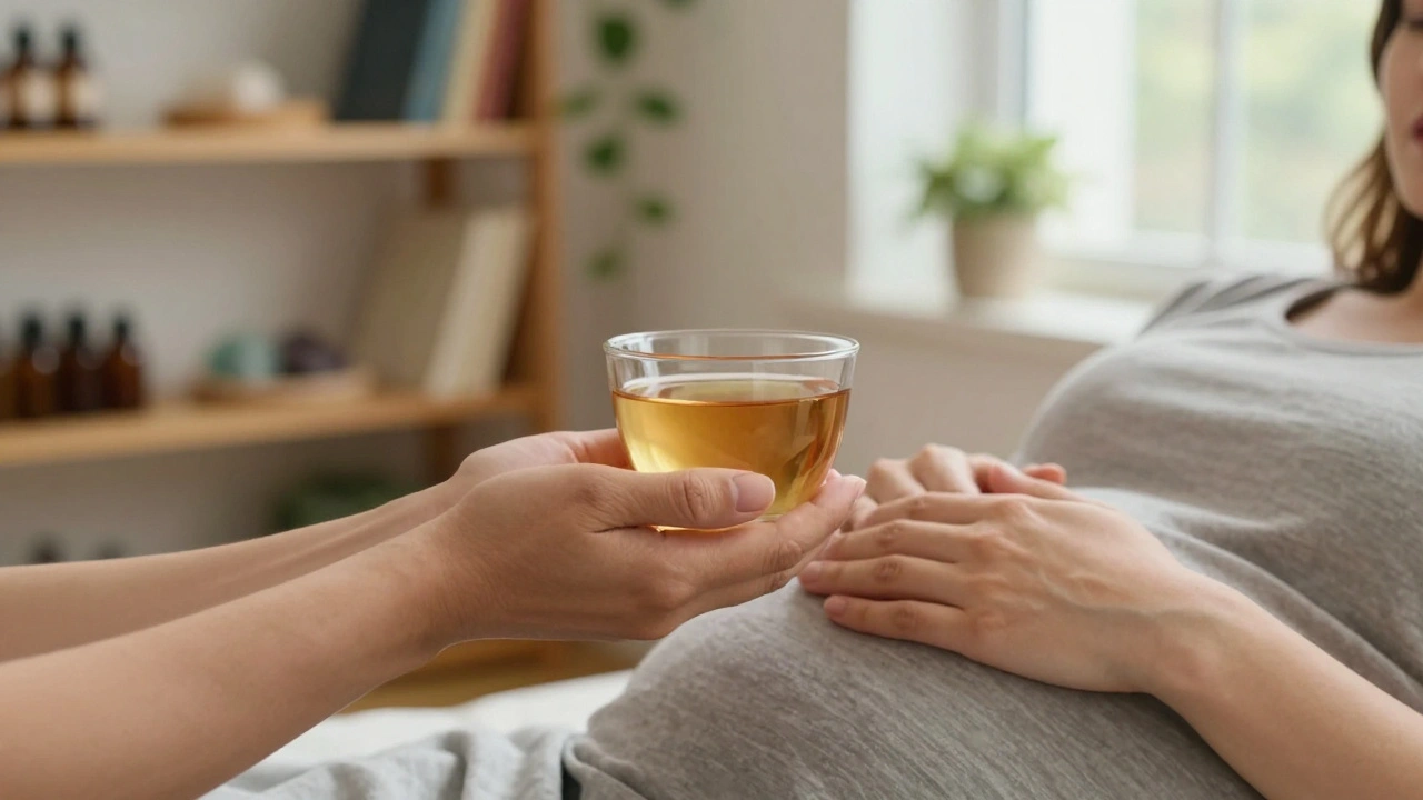 Gentle hands offering tea and resting on a woman's abdomen in a warm, intimate somatic therapy space.