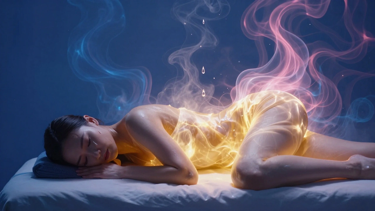 Golden light radiating from a woman's pelvic area as tear drops float upward in an ethereal, healing atmosphere.