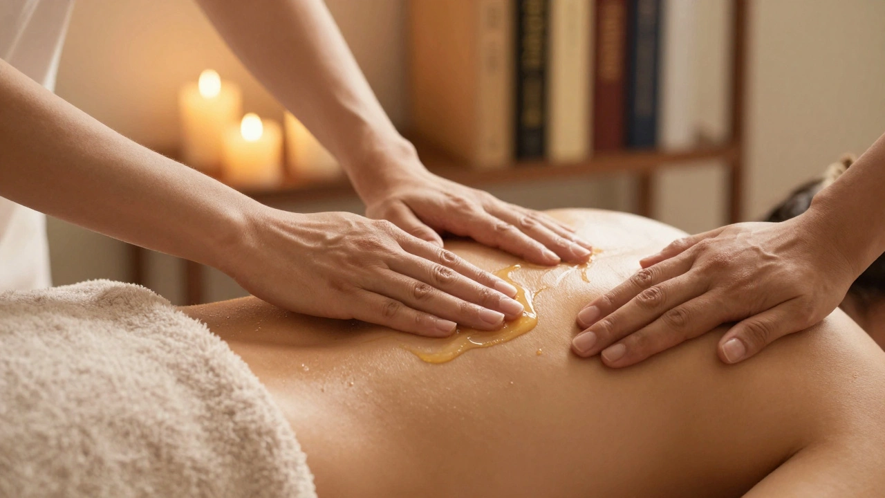 Hands gently applying warm oil in slow strokes along a back covered by a towel, emphasizing touch and calm presence.