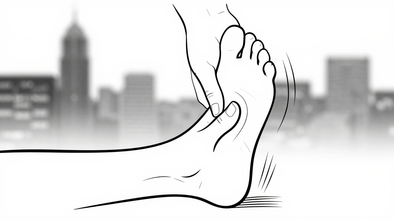 Ink drawing of a hand applying pressure to the foot arch with radiating relaxation lines.