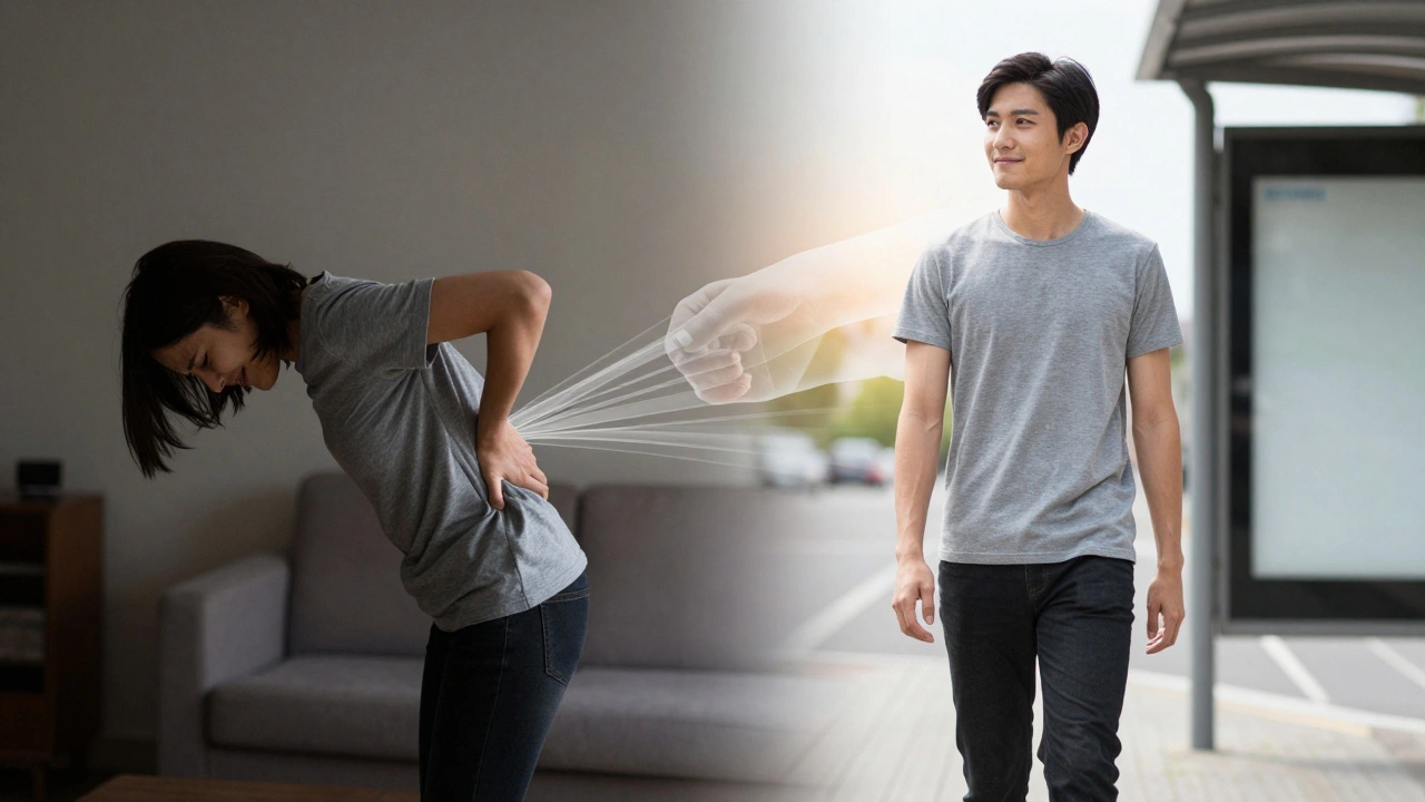 Person transitioning from hunched pain to upright, confident movement after massage therapy.