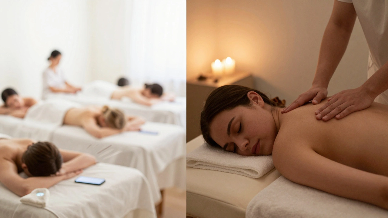Side-by-side comparison: chaotic spa versus peaceful private massage at home.