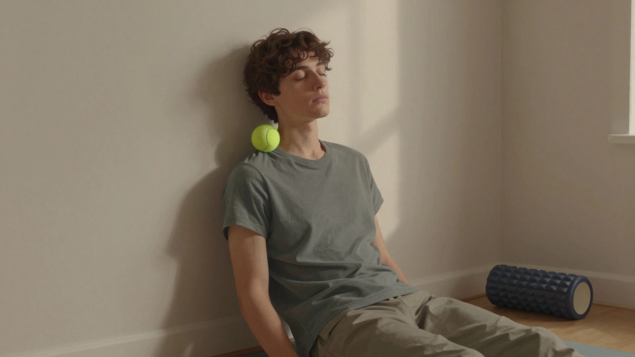 Someone using a tennis ball against a wall to relieve shoulder tension at home.