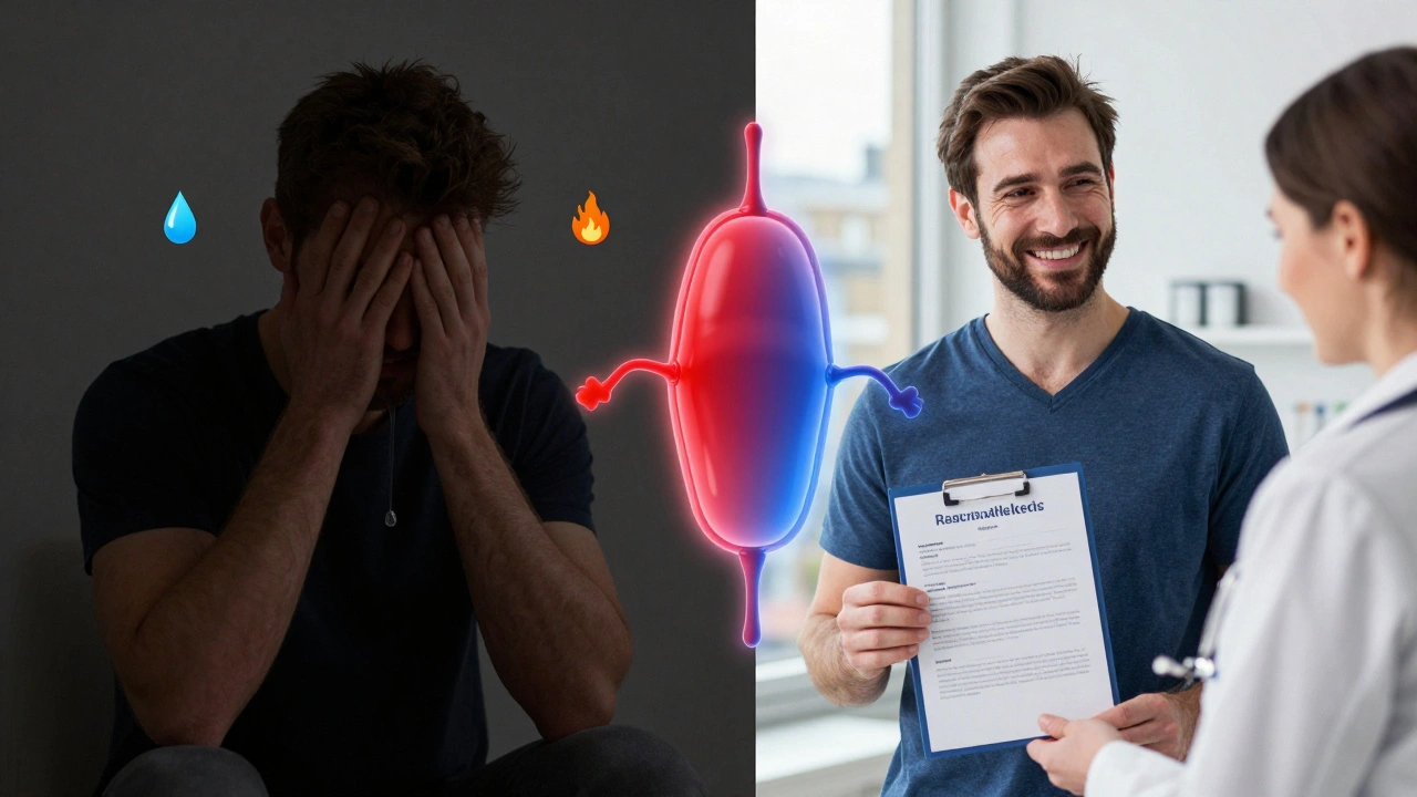 Split-image showing a man’s transition from pelvic pain and isolation to wellness and professional care in London.